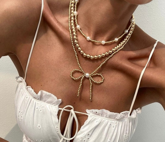 Multilayer Ball Chain Bead Pearl Bow Necklace