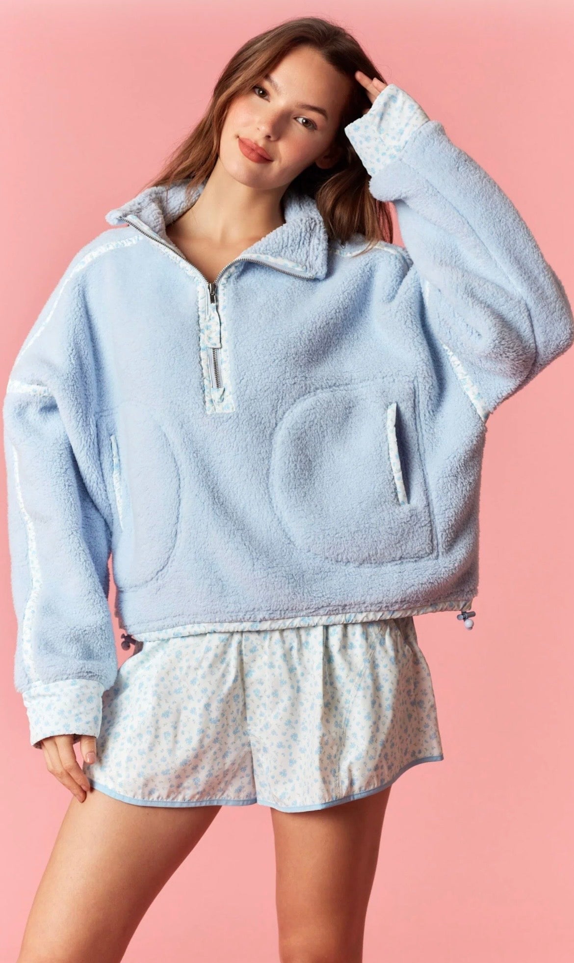 Blue Ditsy Floral Fleece Zip Up Short Set