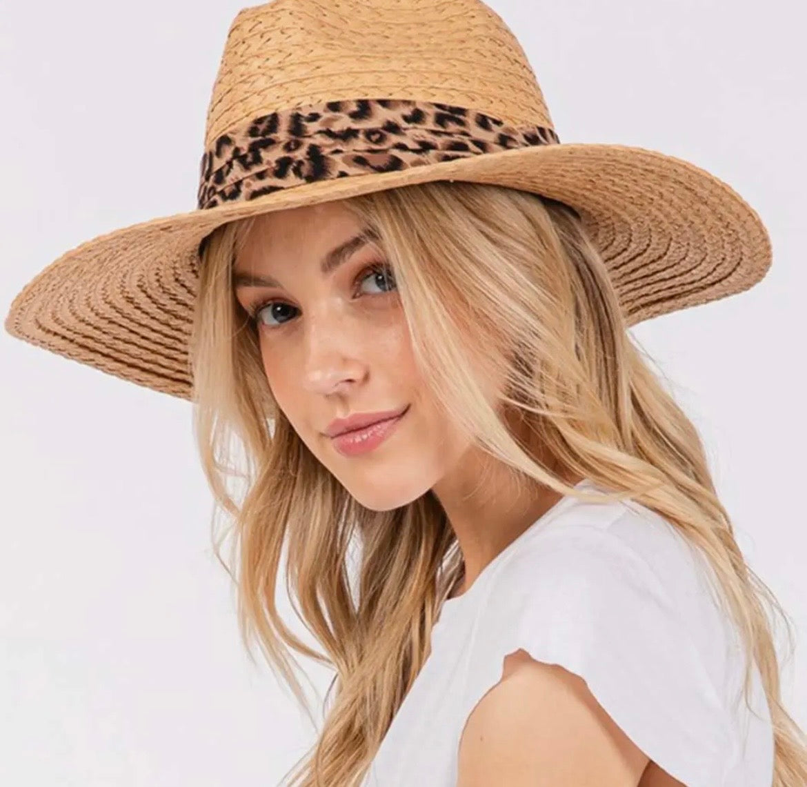 Leopard Trim Straw Hat