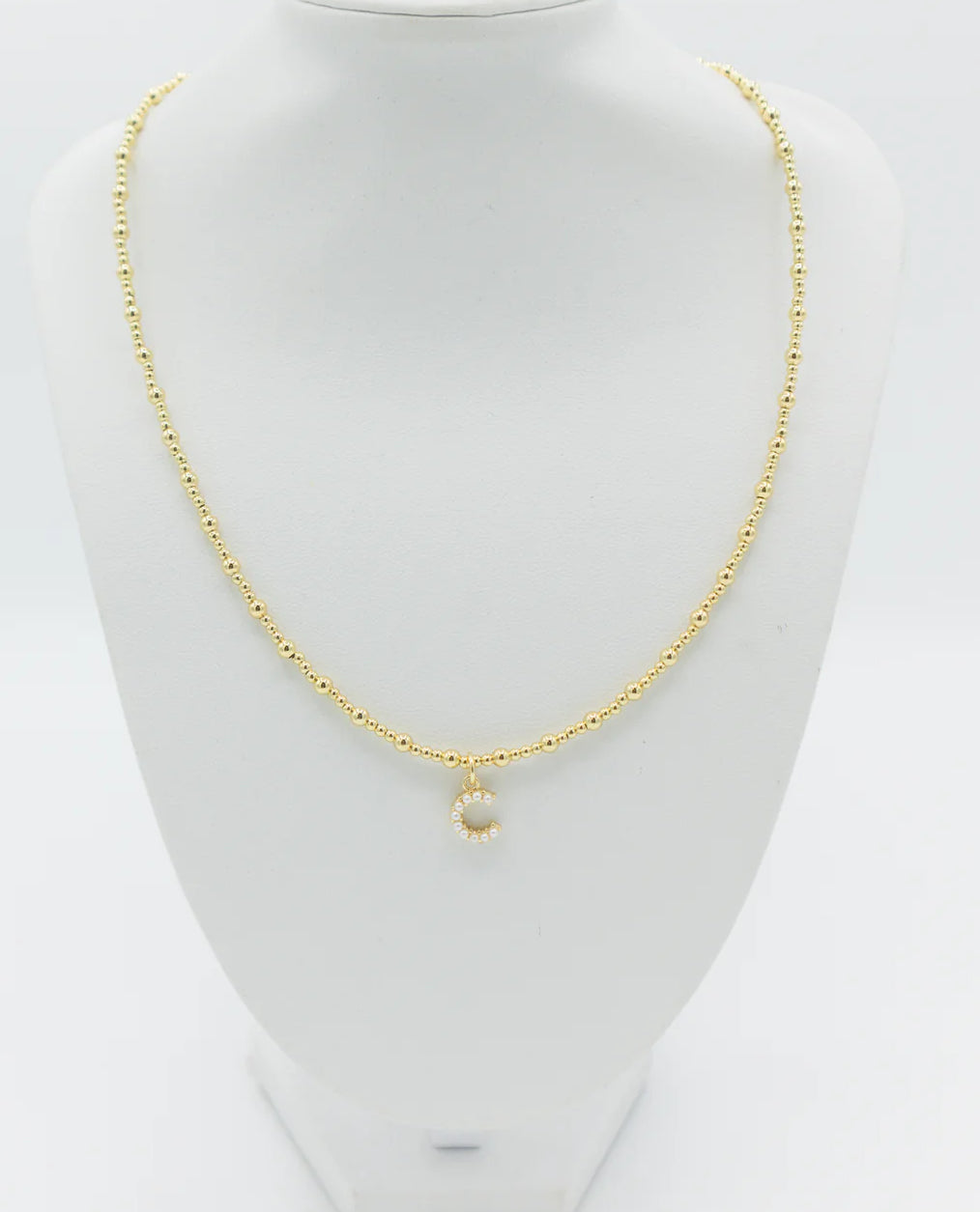 Gold Beaded Small Pearl Letter Necklace
