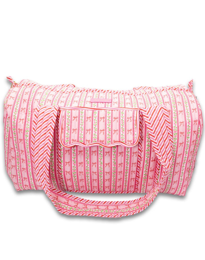 Pink And White Stripe Bow Duffle Bag