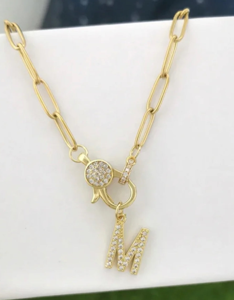 Gold Paperclip Rhinestone Initial Necklaces- 17 Letters