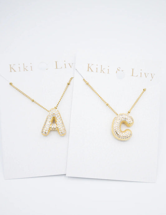 Gold Balloon Rhinestone Initial Necklaces- 15 Letters