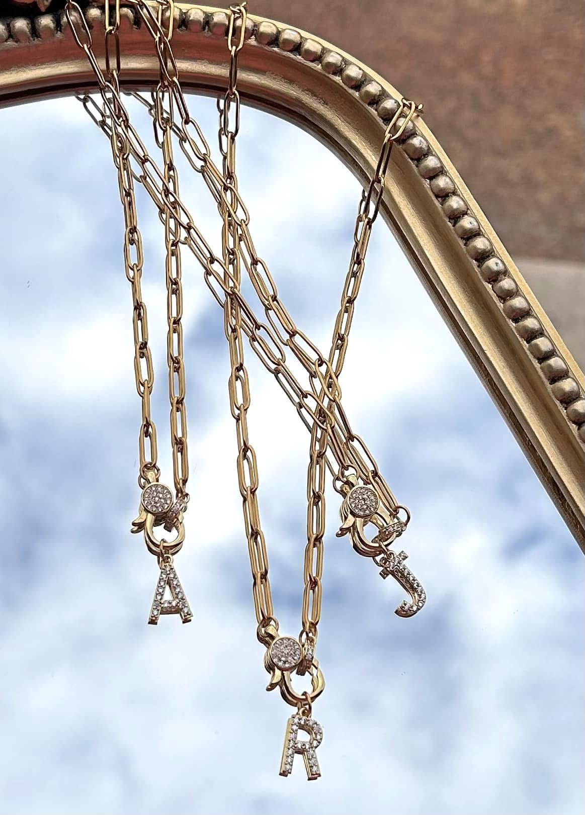 Gold Paperclip Rhinestone Initial Necklaces- 17 Letters